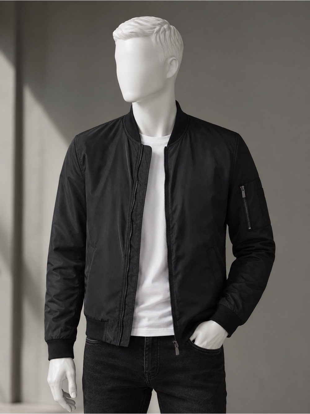 Zara Black Lightweight Bomber Jacket with Ribbed Collar